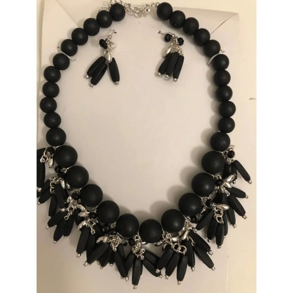 Jewelry Set Womens Necklace‎ Earrings Black Chunky Beaded Fringe Boho Goth